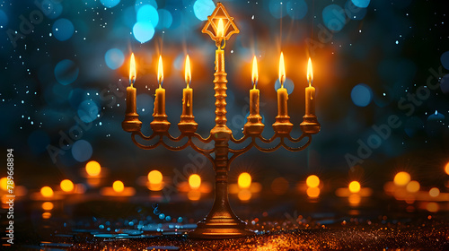 Hanukkah festive celebration with glowing menorah and shining candles, representing the Jewish holiday tradition and faith