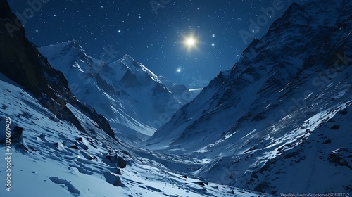 A snow-covered mountain range glowing under the ethereal light of a full moon, casting a magical luminescence over the tranquil winter landscape.