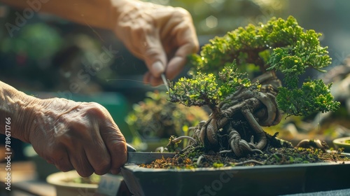 close-up of hands pruning and shaping bonsai trees, mastering the art of miniature landscapes