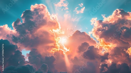 A bright sun shining through a cloud filled sky, AI