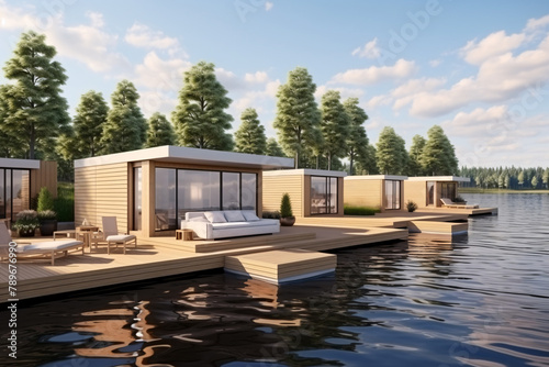 designer houses with their own pier next to a lake