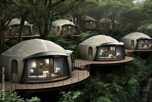 Design houses with a spherical shape on platforms hung in the trees of a forest