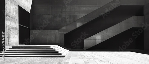 Editorial style photo of a modernist architecture doorway, dramatic shadows and geometric shapes, monochrome