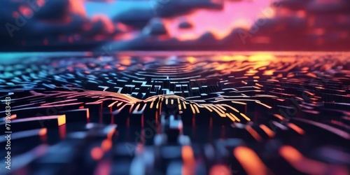 background Illustration of digital circuit patterns illuminated by neon lights, in cyberpunk illustrative style