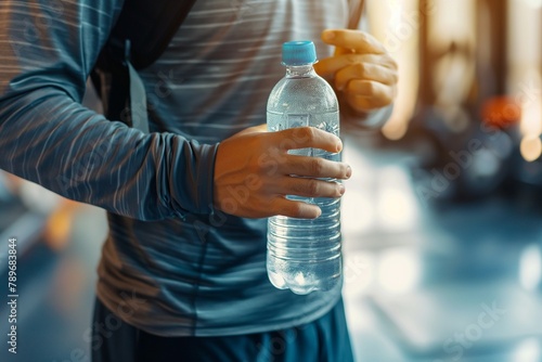An unrecognizable young man in sportswear at the gym and his hand a water bottle, a young gymnastic man with a water bottle, drinking water at the gym, a man with water bottle, gym, drinking water gym
