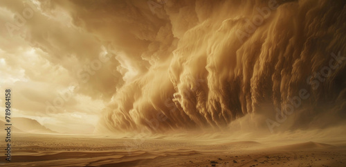 A large storm engulfs the desert landscape, with dark clouds moving swiftly overhead and sand swirling in the wind