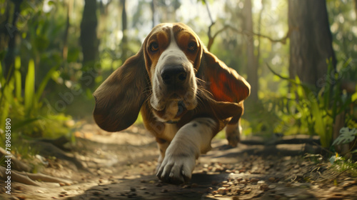 A basset hound dog energetically running through a lush forest filled with tall trees and dappled sunlight