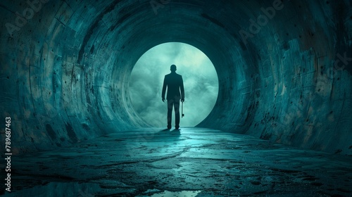 A man standing in an electric blue tunnel surrounded by darkness