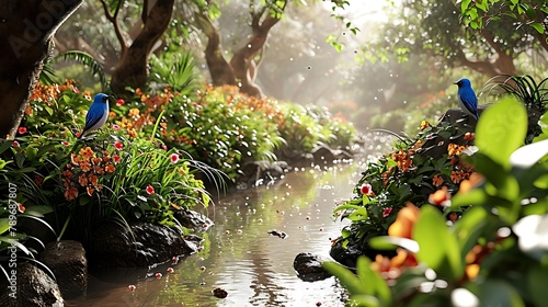 A scene of playful bluebirds bathing in a gentle stream, their vibrant feathers shimmering in the golden sunlight as they frolic in the water.