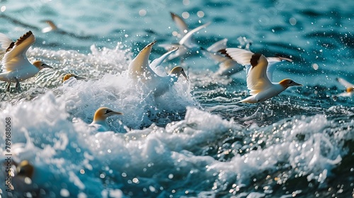 A scene of gannets diving gracefully into the turquoise waters, their sleek bodies piercing the surface with effortless precision.