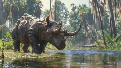 Rhinoceros by water in jungle biome, surrounded by lush plant life