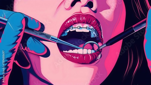 Pop art dental hygiene checkup woman teeth cleaning in dentist office, pink blue illustration
