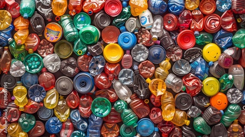 a pile of colorful plastic bottle caps and bottles