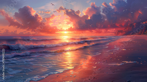 Magical atmosphere: sunset with gentle waves on the beach