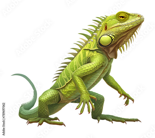 Green iguana isolated on transparent background. Reptile character design. Lizard clipart. Exotic tropical pets. Cut out colorful elements for design.