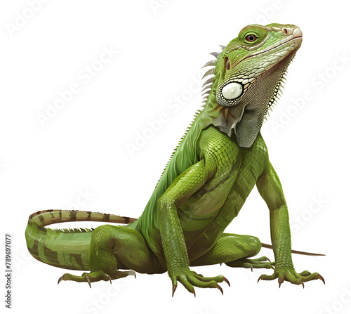 Green iguana isolated on transparent background. Reptile character design. Lizard clipart. Exotic tropical pets. Cut out colorful elements for design.