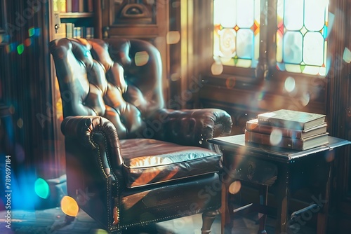 : A vintage library reading nook with a worn leather armchair resting beside a dark wood table. Sunlight streams through a stained-glass window, casting colorful, blurred bokeh shapes onto the tabl