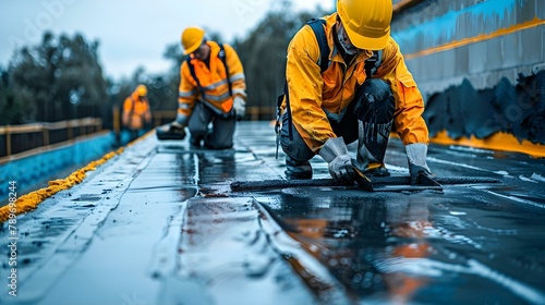 Roofers at Work: Sealing in Sync. Concept Roofing Techniques, Waterproofing, Teamwork Skills, Roofing Materials, Residential Roofs