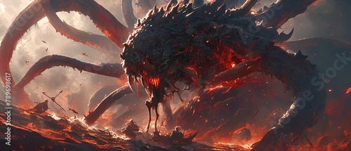 A colossal, skeletal kraken rising from a churning sea of lava, its glowing red eyes fixated on its prey , close-up