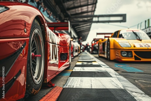 race cars lined up on pit lane dramatic motorsports racing scene