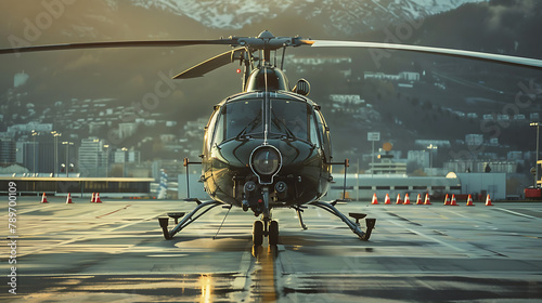 A compelling image depicting a helicopter stationed on the ground, its rotor blades at rest.