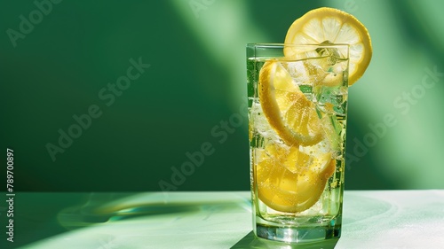 Lemon slices in sparkling water glass with shadows on green background