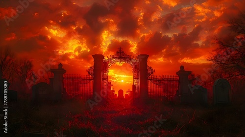 Eerie Sunset at the Gates of the Graveyard. Concept Sunset Photography, Graveyard Setting, Moody Atmosphere, Spooky Silhouettes,