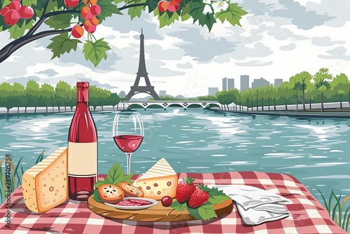 romantic picnic by the seine river in paris cheese platter and wine vector illustration