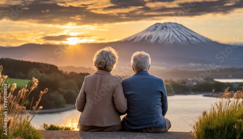 A mature older couple with grey hair sitting outdoors watching the sunset over a lake with a mountain in the background. 
