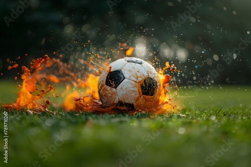 Un balon de fútbol soccer salpicando agua con lodo del césped humedo. Deportes 