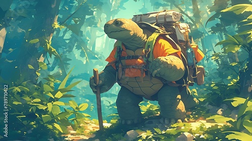 A giant cartoon tortoise wearing a backpack, setting off on a hiking adventure through a lush forest , 3d style
