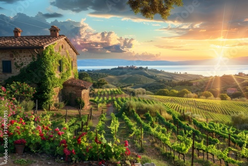 A rural landscape with a house surrounded by vineyards, under a sunset sky