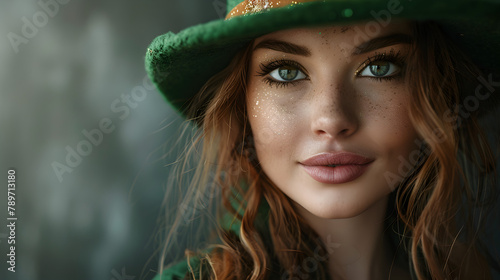 Portrait of a beautiful young woman wearing a leprechaun hat for St. Patrick's Day celebration. Suitable for holiday-related content.