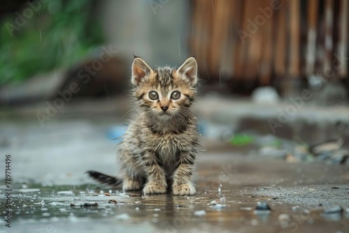sad abandoned kitten in the rain stray cat needing shelter and love emotional photo