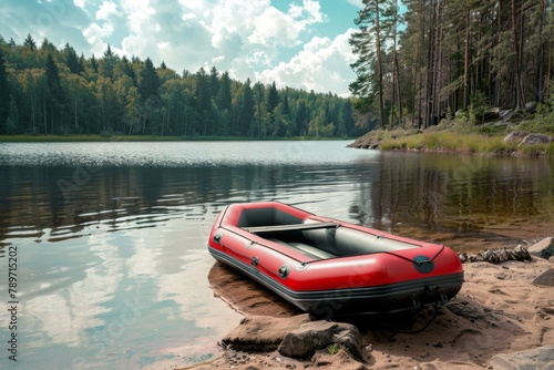 Inflatable boat on the lake, camping in the forest