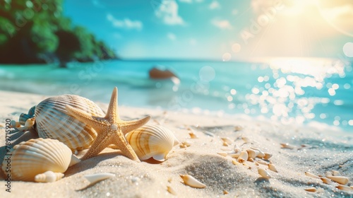 Seashells and starfish on sandy beach. Summer vacation concept