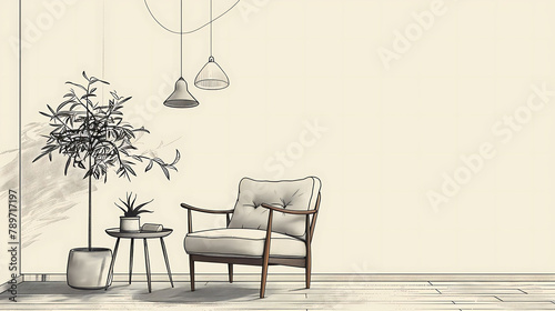 One continuous Line drawing of armchair and hanging lamps and plant on table, Stylish furniture for living and office room interior in simple linear style, Editable stroke, Vector illustration