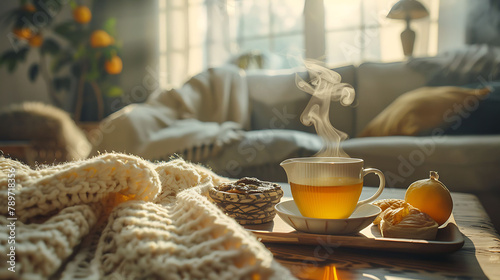 Still life details in home interior of living room, Sweaters and cup of tea with steam on a serving tray on a coffee table, Breakfast over sofa in morning sunlight, Cozy autumn or winter concept