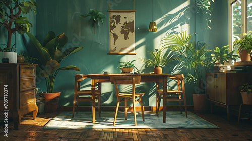 Stylish and botany interior of dining room with design craft wooden table, chairs, furniture, a lof of plants, window, poster map and elegant accessories in modern home decor, Template