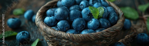 Summer Blueberries: Closeup of Ripe Fruits and Leaves in Wooden Basket on Dark Table - Food Photography