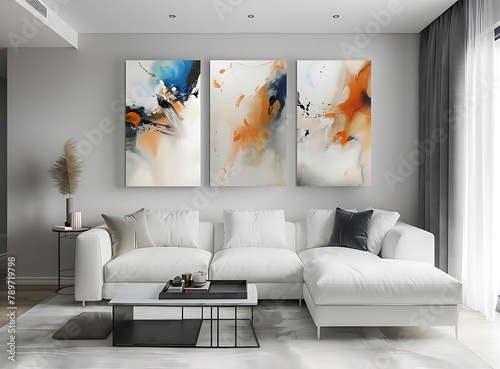 Modern minimalist living room interior with a white sofa and abstract paintings on the wall