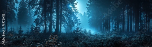 Enchanting Night in the Mystical Black Forest: Fir Trees, Spruce Trees, and Blueberry Plants against a Dark Background