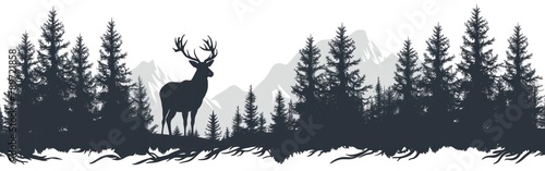 Wild Deer Silhouette in Forest: Camping Wildlife Landscape Panorama Icon Vector for Logo