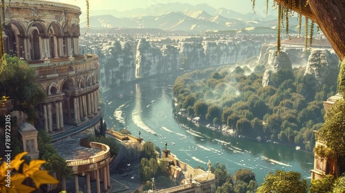 Enchanted View of Ancient Colosseum: Mysterious River Landscape with Beautiful Fantasy Architecture - 3D Illustration