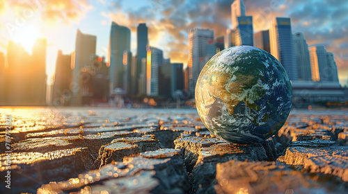 illustration of world globe on pavemented ground with city skyline in the background, polluted cosmopolitan, save the planet