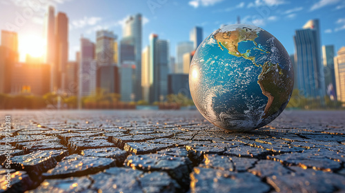 illustration of world globe on pavemented ground with city skyline in the background, polluted cosmopolitan, save the planet