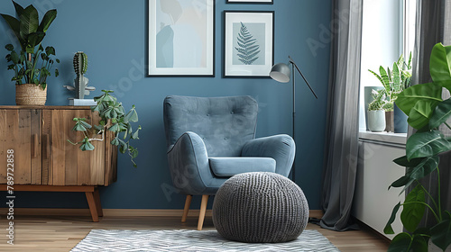 Grey armchair and pouf in living room interior with wooden cupboard against blue wall with posters