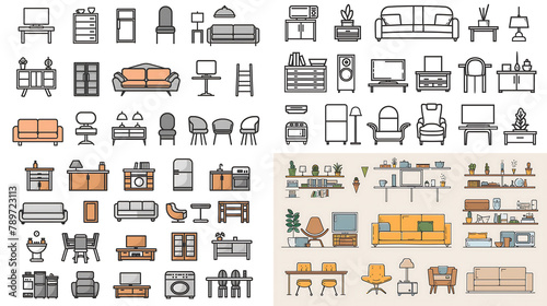 home decoration and furniture thin line icon set, black color, isolated