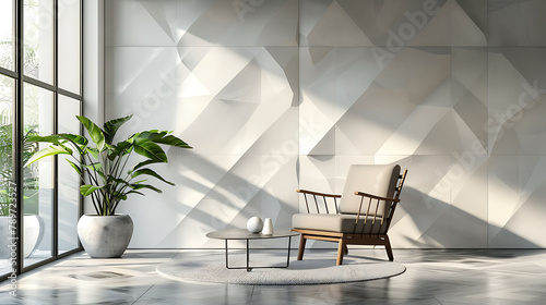 Indoor plant on steel coffee table and armchair with empty white triangle pattern wall background, Relaxing area in loft living room of modern house - Home interior 3d illustration
