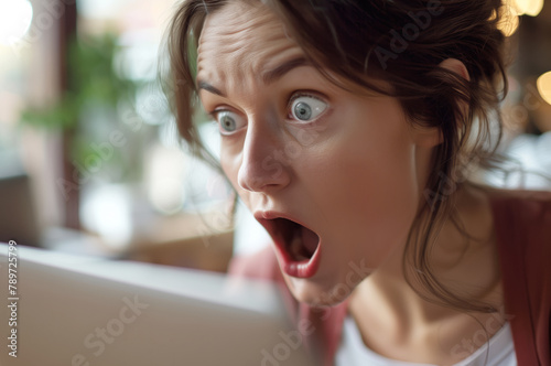 A woman with an expression of shock and amazement looking at her laptop screen, her eyes wide open
